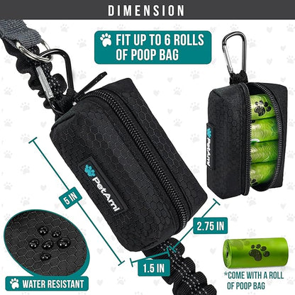PetAmi Dog Poop Bag Holder for Leash Doggie Waste Bag Dispenser with Clip & Velcro Belt for Puppy Potty Walking Accessories Travel Camping Pet Supplies Zipper Pouch with Trash Bag Roll, Black 1 Pack