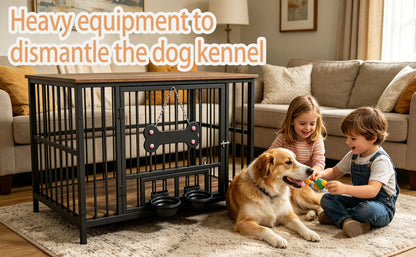 Vintage wood grain dog cage edge,360 degree rotating bowl with safety grade soft silicone material