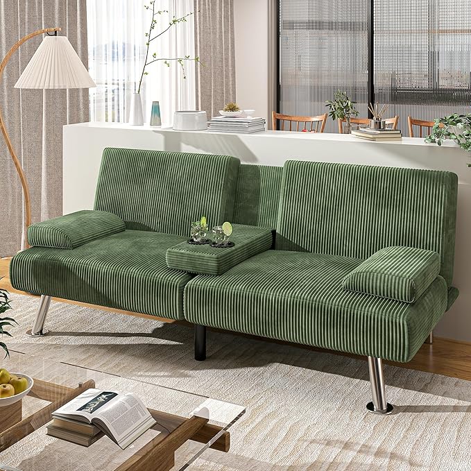 Shahoo Modern Upholstered Convertible Folding Futon Sofa Bed with Removable Armrests, Metal Legs, 2 Cup Holders for Living Room, Green