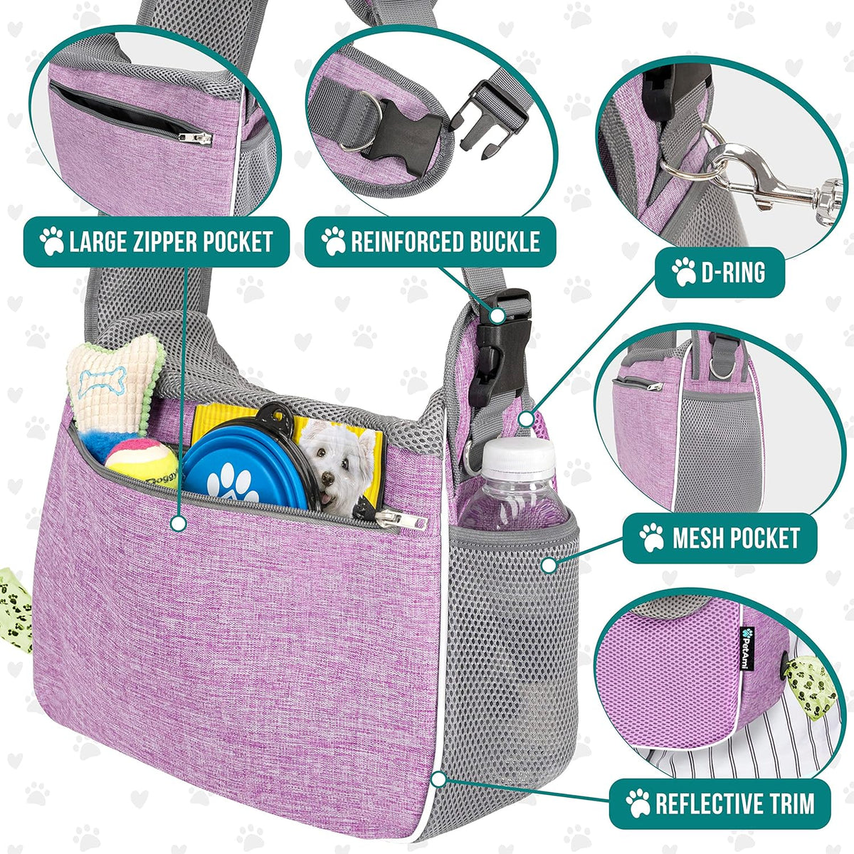 PetAmi Small Dog Sling Carrier, Soft-Sided Crossbody Puppy Carrying Purse Bag, Adjustable Sling Pet Pouch to Wear Medium Dog Cat Travel, Dog Bag for Traveling, Poop Bag Dispenser, Max 10 lbs, Purple