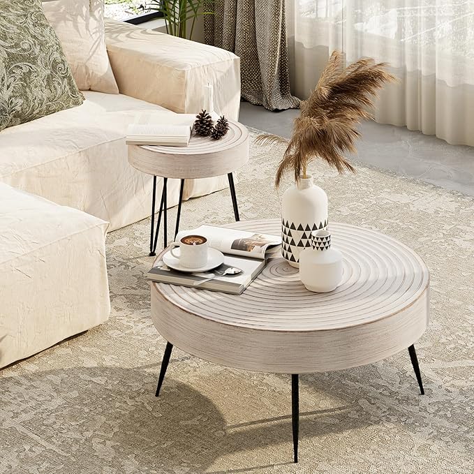 COZAYH 2-Piece Modern Farmhouse Living Room Coffee Table Set, Round Table Natural Finish with Handcrafted Wood Ring Motif, White