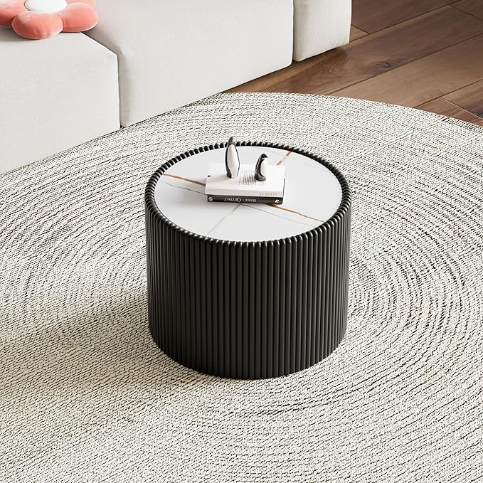 Round Coffee Table Set with Sintered Stone Tabletop, 29.52" Black Drum Center Table and 17.71" Black Coffee Table Set, 2 Pieces Living Room Table Set with Fluted PU Leather Cover& Stable Base