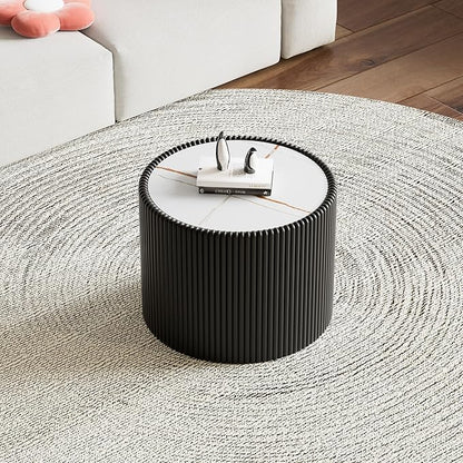 Round Coffee Table Set with Sintered Stone Tabletop, 29.52" Black Drum Center Table and 17.71" Black Coffee Table Set, 2 Pieces Living Room Table Set with Fluted PU Leather Cover& Stable Base