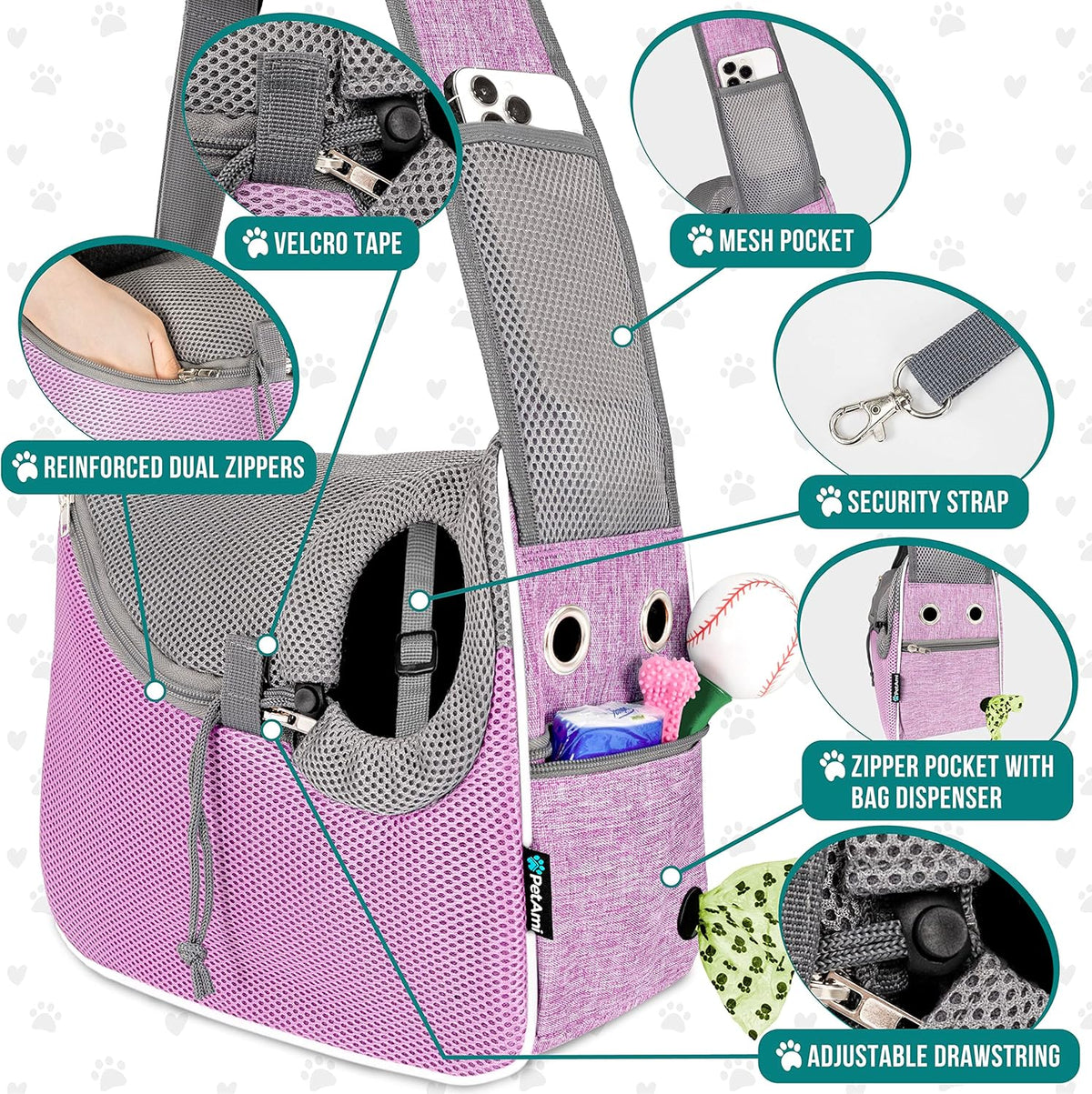 PetAmi Small Dog Sling Carrier, Soft-Sided Crossbody Puppy Carrying Purse Bag, Adjustable Sling Pet Pouch to Wear Medium Dog Cat Travel, Dog Bag for Traveling, Poop Bag Dispenser, Max 10 lbs, Purple