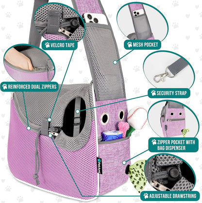 PetAmi Small Dog Sling Carrier, Soft-Sided Crossbody Puppy Carrying Purse Bag, Adjustable Sling Pet Pouch to Wear Medium Dog Cat Travel, Dog Bag for Traveling, Poop Bag Dispenser, Max 10 lbs, Purple