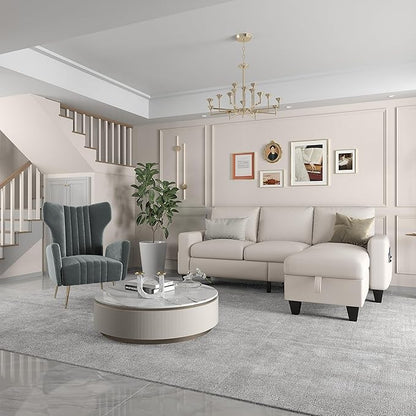 ZeeFu Couch for Living Room - 78'' Beige Linen 3 Seat L-Shaped Sectional Sofa Couches with Storage Ottoman - Modern Small Space Upholstered Furniture Sofa Set for Office Small Space Apartment Bedroom