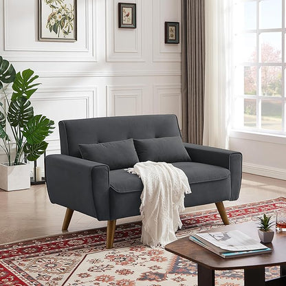 48" Loveseat Sofa, 2 Seater Love Seat Mid Century Modern Small Couches for Living Room Bedroom Apartment, 2 Throw Pillows and Plastic Legs, Dark Grey