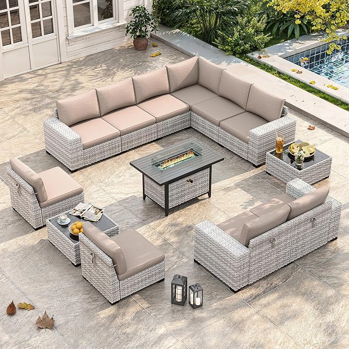 13 Piece Outdoor Wicker Rattan Sectional Sofa Set with 55,000 BTU Fire Pit Table, 10-Seats with 4" Thickened Cushions & Coffee Table, All-Weather PE Rattan for Garden, Backyard, Porch, Beige