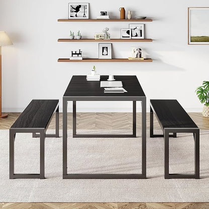 IMUsee 3PC 47.2" Dining Table Set for 4 with Benches, Heavy Duty Metal Frame, Small Space Saving Kitchen Dinette, Wood Board and Grey Legs