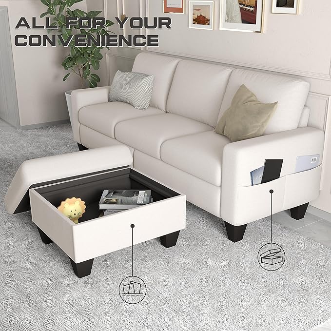 ZeeFu Couch for Living Room - 78'' Beige Linen 3 Seat L-Shaped Sectional Sofa Couches with Storage Ottoman - Modern Small Space Upholstered Furniture Sofa Set for Office Small Space Apartment Bedroom
