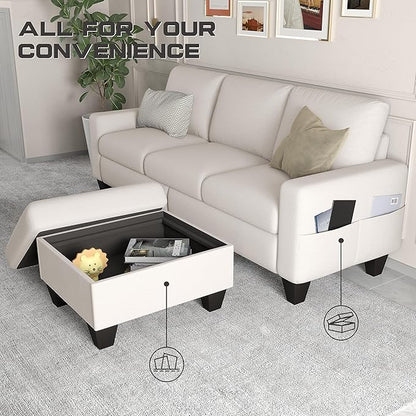 ZeeFu Couch for Living Room - 78'' Beige Linen 3 Seat L-Shaped Sectional Sofa Couches with Storage Ottoman - Modern Small Space Upholstered Furniture Sofa Set for Office Small Space Apartment Bedroom