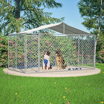 Outdoor Dog Enclosure,Heavy Duty Dog Kennel House Mesh Outside,Galvanized Chain Link Dog Run with Roof,Dog Cage Large Dogs,Dog Pen,Pet Kennel W/Waterproof Anti-UV Cover&Secure Lock for Large Dog