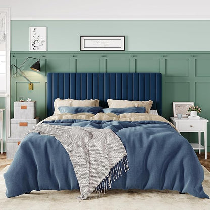 Allewie Queen Bed Frame, Velvet Upholstered Platform Bed with Adjustable Vertical Channel Tufted Headboard, Mattress Foundation with Strong Wooden Slats, Box Spring Optional, Easy Assembly, Navy Blue