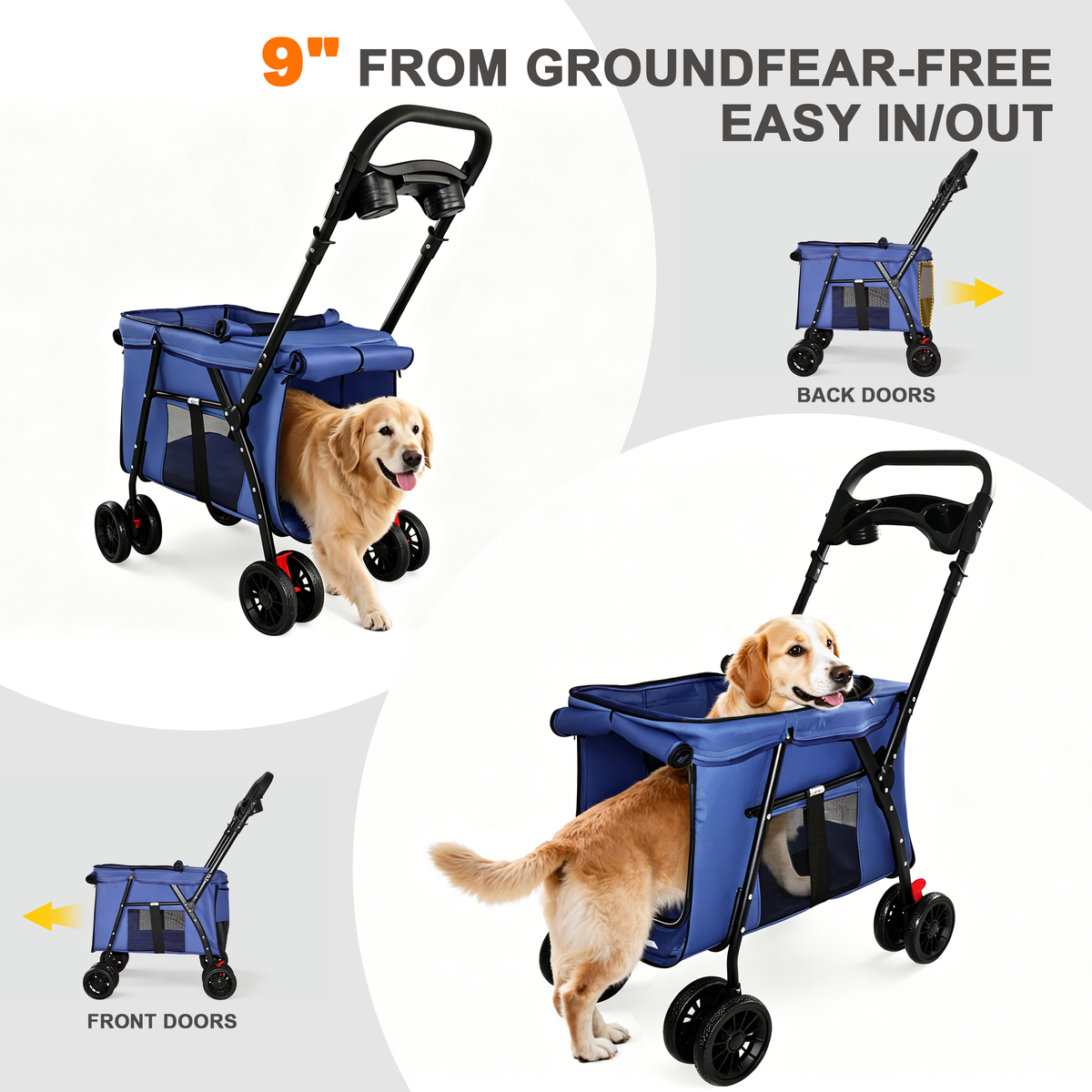 Pet Stroller, Foldable 4-Wheel Design, Breathable Mesh Dog Cat Stroller with Shockproof Wheels, Brake System, Storage Tray, 2 Fixed Safety Leashes, Large Space for Small Medium Pets, Navy Blue