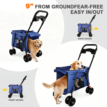 Pet Stroller, Foldable 4-Wheel Design, Breathable Mesh Dog Cat Stroller with Shockproof Wheels, Brake System, Storage Tray, 2 Fixed Safety Leashes, Large Space for Small Medium Pets, Navy Blue