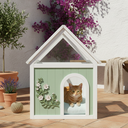 SAGE FSC-Certified Cedar Indoor Cat House with Clear Acrylic Roof – Wooden Pet House for Small Cats & Dogs