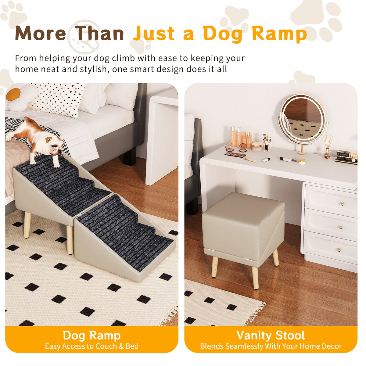 Dog Ramp for Bed & Couch, Dog Stairs 22.83 inches High for Large/Medium/Small Doggie, Foldable 2 in 1 Wooden Pet Steps for Older and Injured Dogs, Split Ottoman Design, Non-Slip Surface (Light Grey)