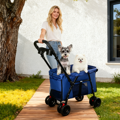 Pet Stroller, Foldable 4-Wheel Design, Breathable Mesh Dog Cat Stroller with Shockproof Wheels, Brake System, Storage Tray, 2 Fixed Safety Leashes, Large Space for Small Medium Pets, Navy Blue