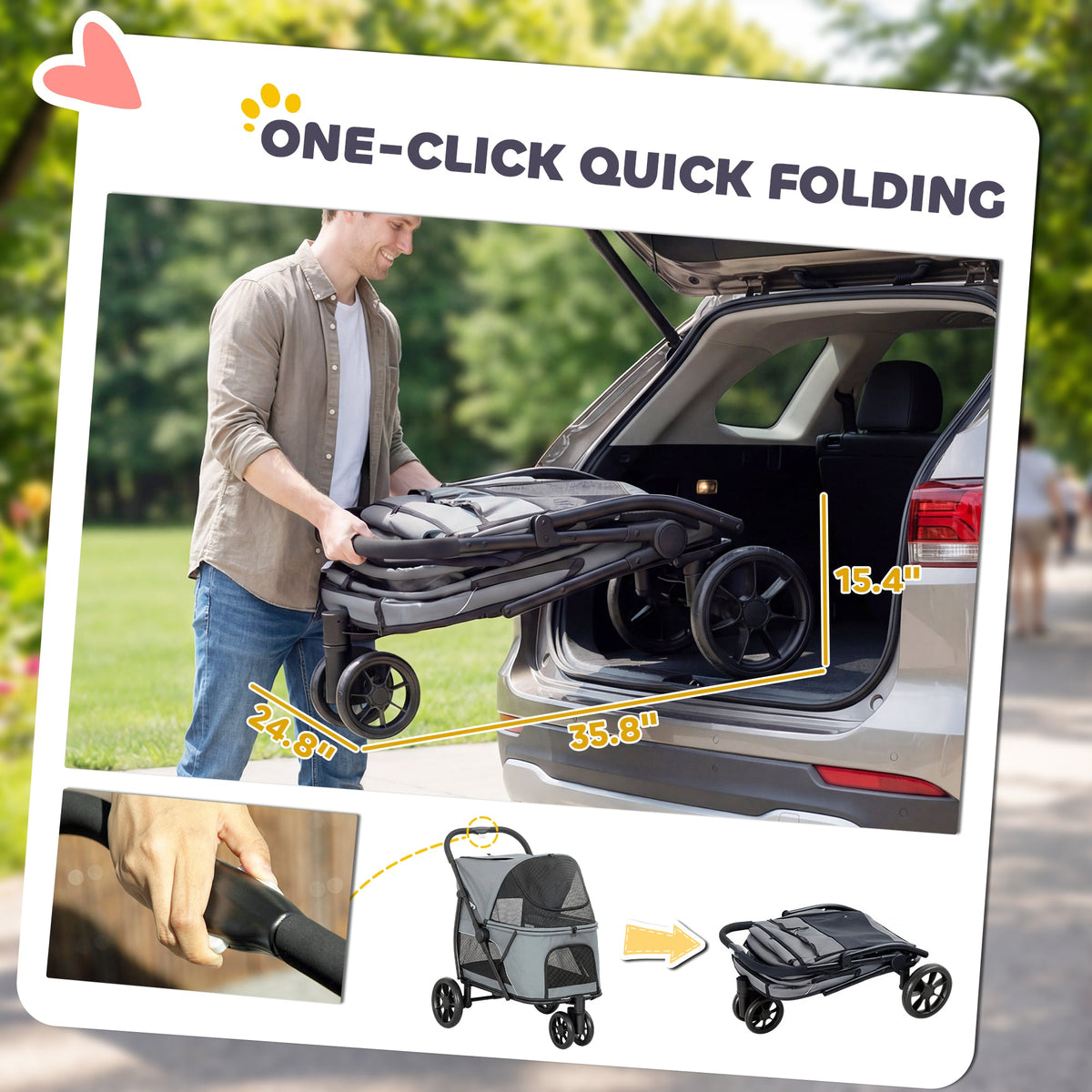 3 Wheel Pet Stroller with Easy One-Click Quick Fold, Mesh Window, Washable Cushion, for Medium Dogs, Gray