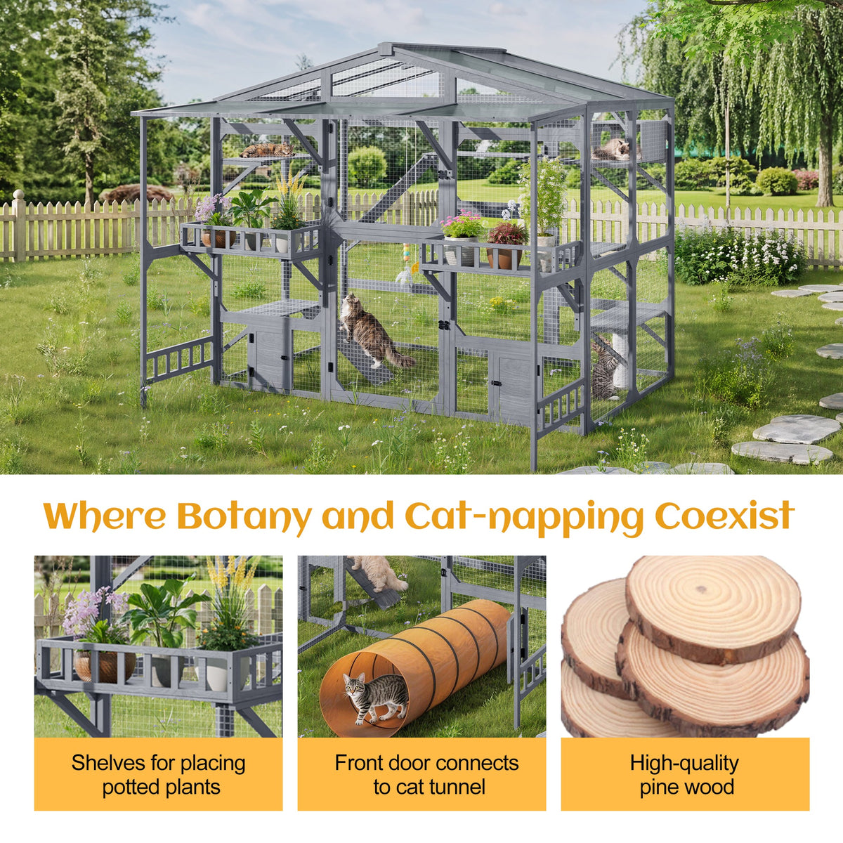 Large Outdoor Catio for 6-10 Cats, Pine Wood Cat Cage Outdoor with Weatherproof Roof, 6 Platforms, Climbing Ramp, 1 Resting Box and Cat Scratching Post, Outdoor Cat House with Storage Shelves, Grey