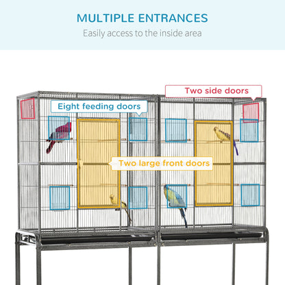 Rolling 65"L Bird Cage w/ Storage Shelf Wood Perch Food Container
