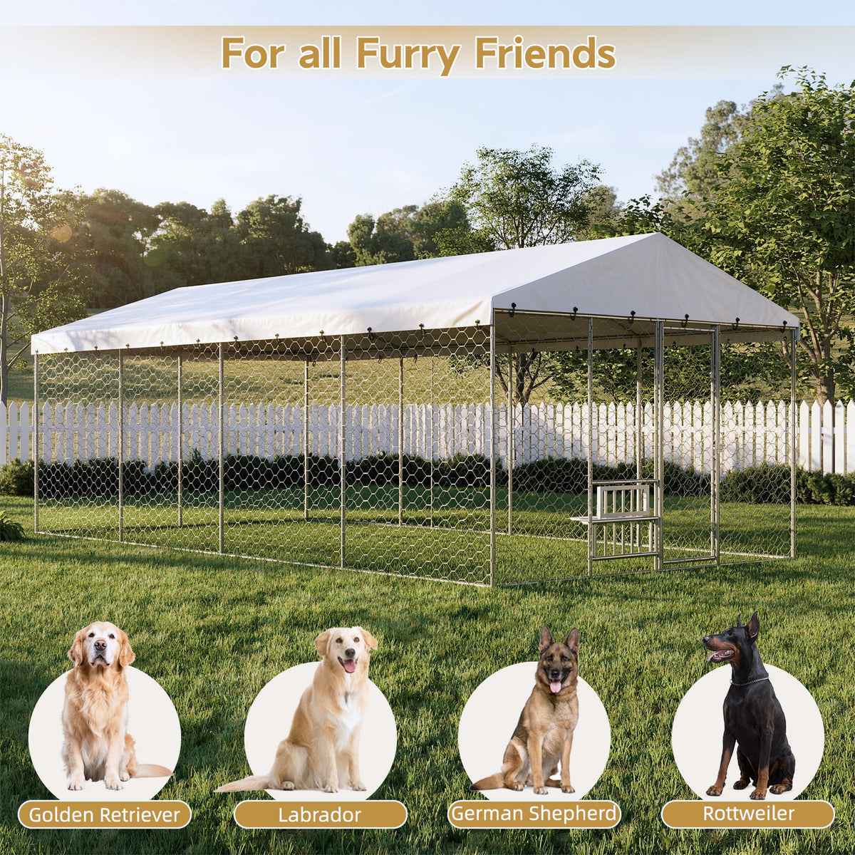 20x10 FT Large Outdoor Dog Kennel with Canopy, Heavy Duty Galvanized Steel Frame, Waterproof Cover, Built-in Elevated Feeding Bowls, Escape-Proof Lockable Pet Playpen for Large Dogs & Multiple Animal