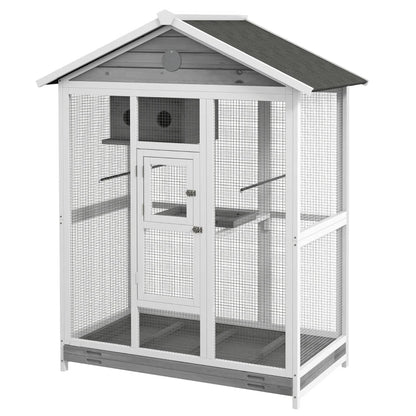 PawHut 64.5 Wooden Bird Cage Aviary, Flight Cage With 4 Perches, Nest And Slide-Out Tray For Indoor Outdoor, GrayMultiple Packages