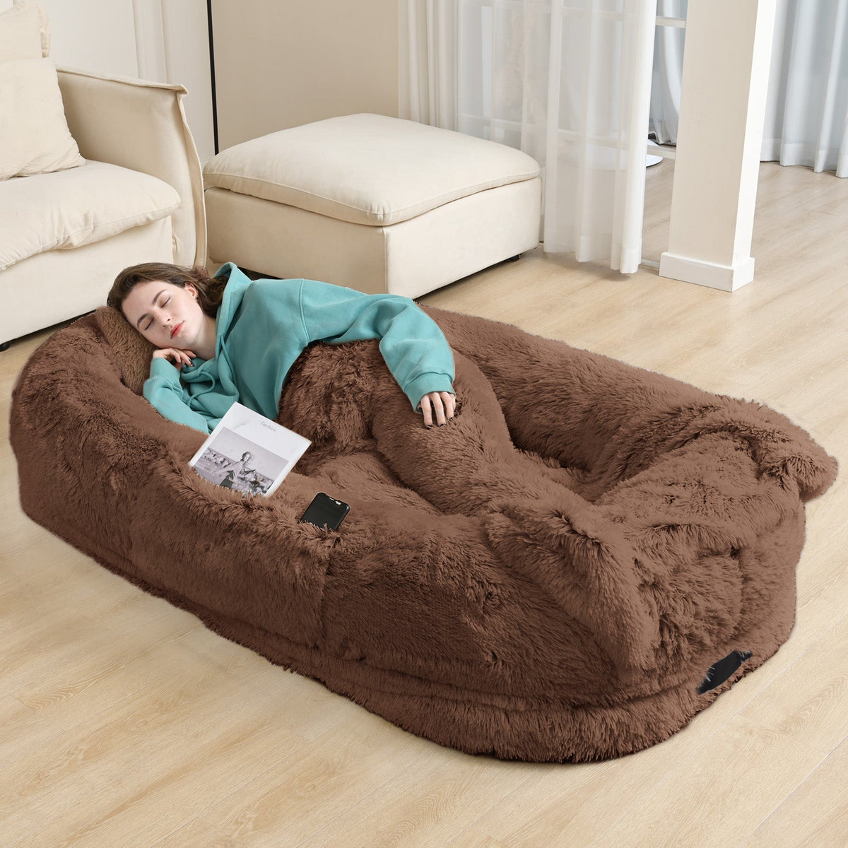 Oversized Human Dog Bed For Adults & Pets, 71 In X45 In X 12 In Ultra Soft Faux Fur Lounger, Washable Floor Bed With Orthopedic Support, Pillow & Blanket Included For Cozy Rest