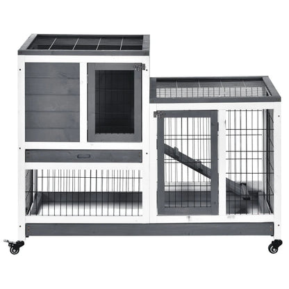 Wooden Rabbit Hutch Elevated Bunny Cage Indoor Small Animal Habitat With Enclosed Run With Wheels, Ramp, Removable Tray For Rabbits, Chickens, Ducks, Guinea Pigs, Gray