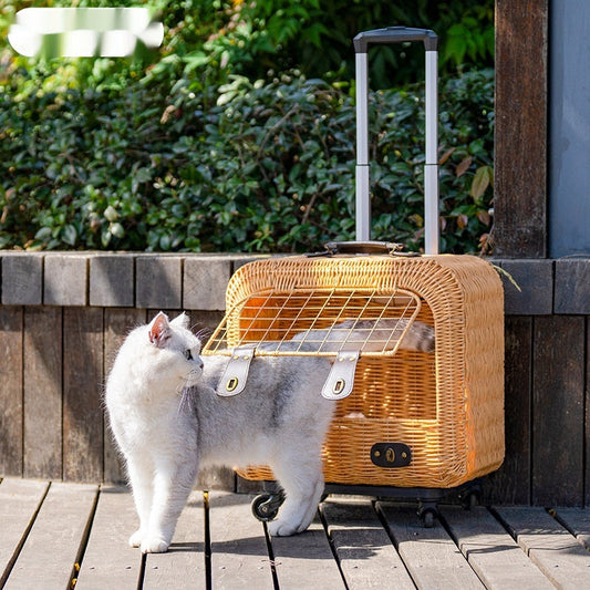 Portable Woven Rattan Cat Carrier With Ventilation And A Pull Handle For Outings
