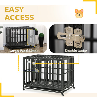 45" Heavy Duty Dog Crate, Escape-Proof Steel Kennel with Wheels, Black