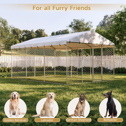 15x10 FT Large Outdoor Dog Kennel with Canopy, Heavy Duty Galvanized Steel Frame, Waterproof Cover, All-Weather Protection, Escape-Proof Lockable Pet Playpen for Large Dogs, Multiple Animals.