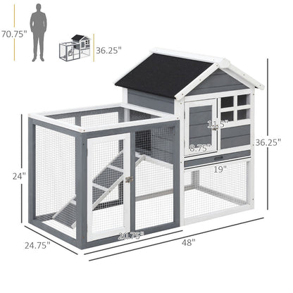 Indoor Rabbit Enclosure, 48" Weatherproof Wooden Rabbit Hutch, with Slanted Asphalt Roof & Fun Outdoor Run for Bunnies & Ferrets - Gray