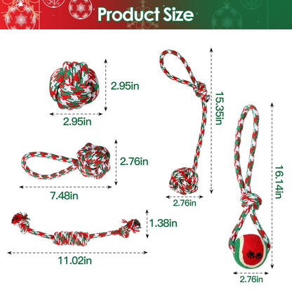 Set Of 5Pcs Christmas Dog Rope Chew Toys Dog Interactive Toys Set For Puppy Small Medium Aggressive Chewers Dogs Training Teething Playing