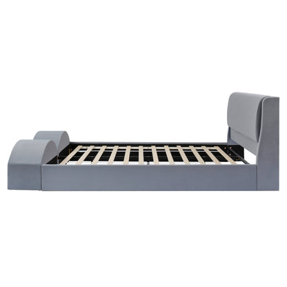 Queen Size Upholstered Platform Bed Frame with Dual Cat Caves, LED Lighted Pet Nests at Footboard, Gray