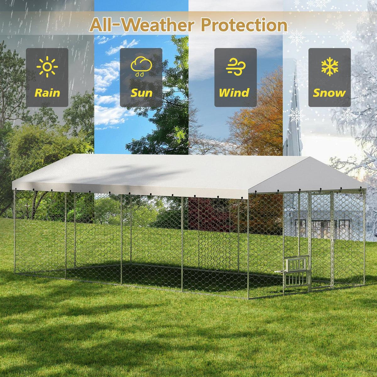 20x10 FT Large Outdoor Dog Kennel with Canopy, Heavy Duty Galvanized Steel Frame, Waterproof Cover, Built-in Elevated Feeding Bowls, Escape-Proof Lockable Pet Playpen for Large Dogs & Multiple Animal