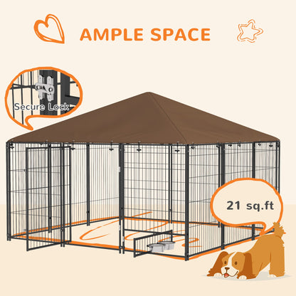 6.9 x 6.9 x 5 Outdoor Dog Kennel with Canopy Garden Playpen Fence Crate Enclosure Cage Rotating Bowl, Coffee