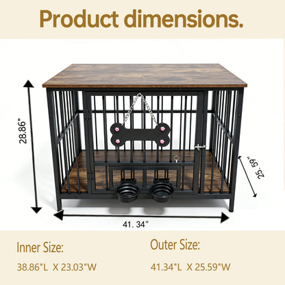 Vintage wood grain dog cage edge,360 degree rotating bowl with safety grade soft silicone material