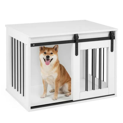 31.5" Dog Crate Furniture With Sliding Barn Door, Wooden Dog Kennel End Table For Indoor Use - White