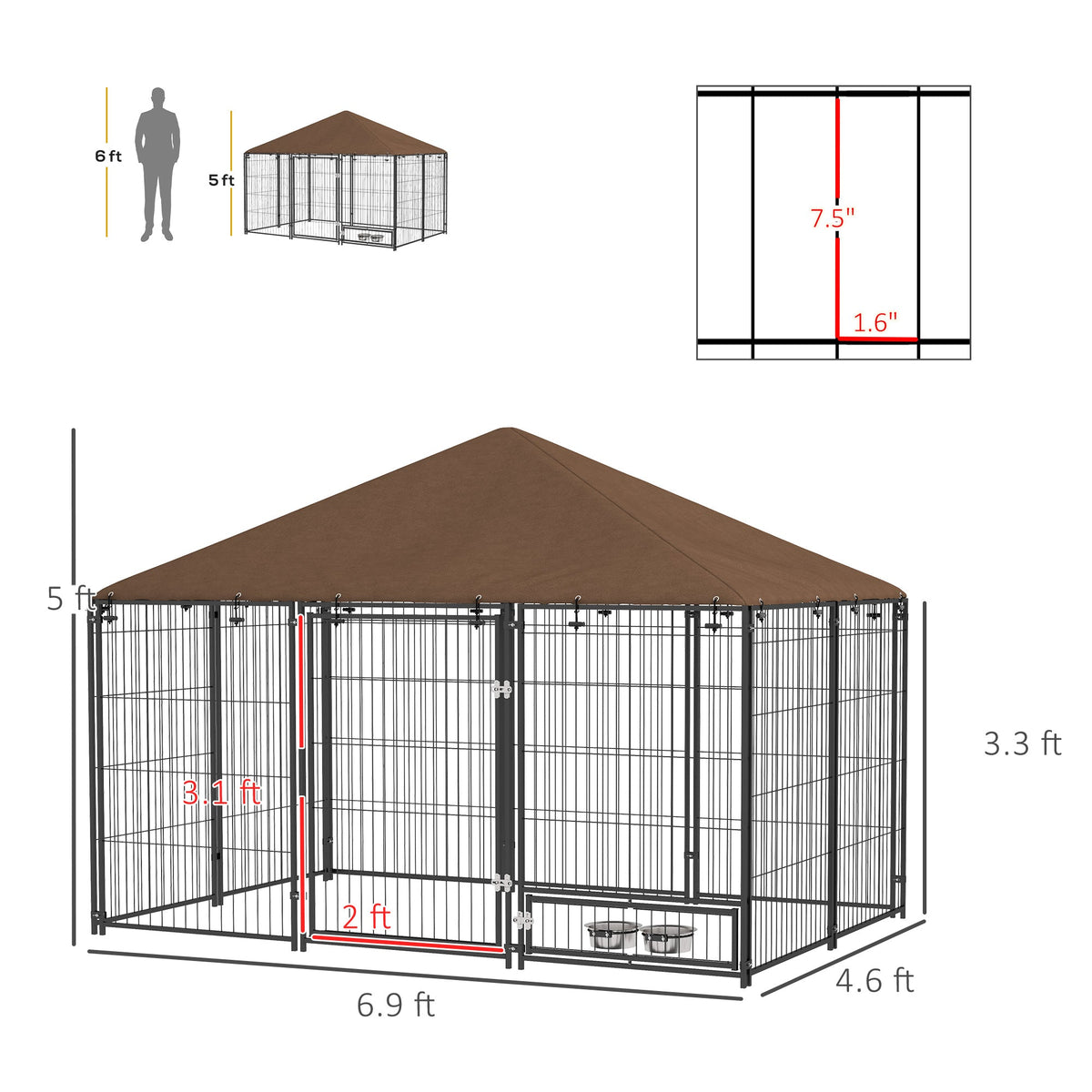 Outside Dog Kennel, 6.9 x 4.6 x 5 Puppy Play Pen with Canopy, Garden Playpen Fence Crate with Rotating Bowl, Black