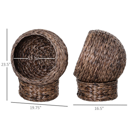 Handwoven Elevated Cat Bed with Rotating Basket and Soft Cushion, Wicker Cat Egg Chair with Stand, Brown