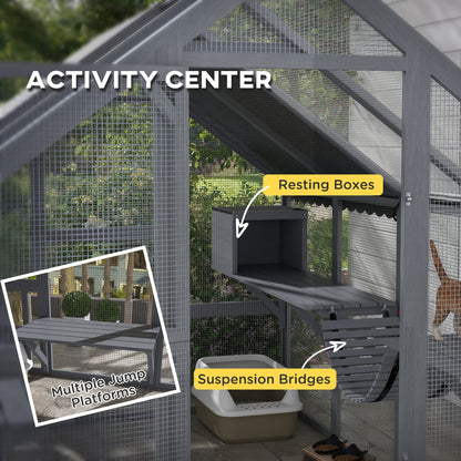 Wooden Catio Outdoor Cat Enclosure with Waterproof Cover, 2 Condos, 6 Platforms, Bridge, Doors, Gray