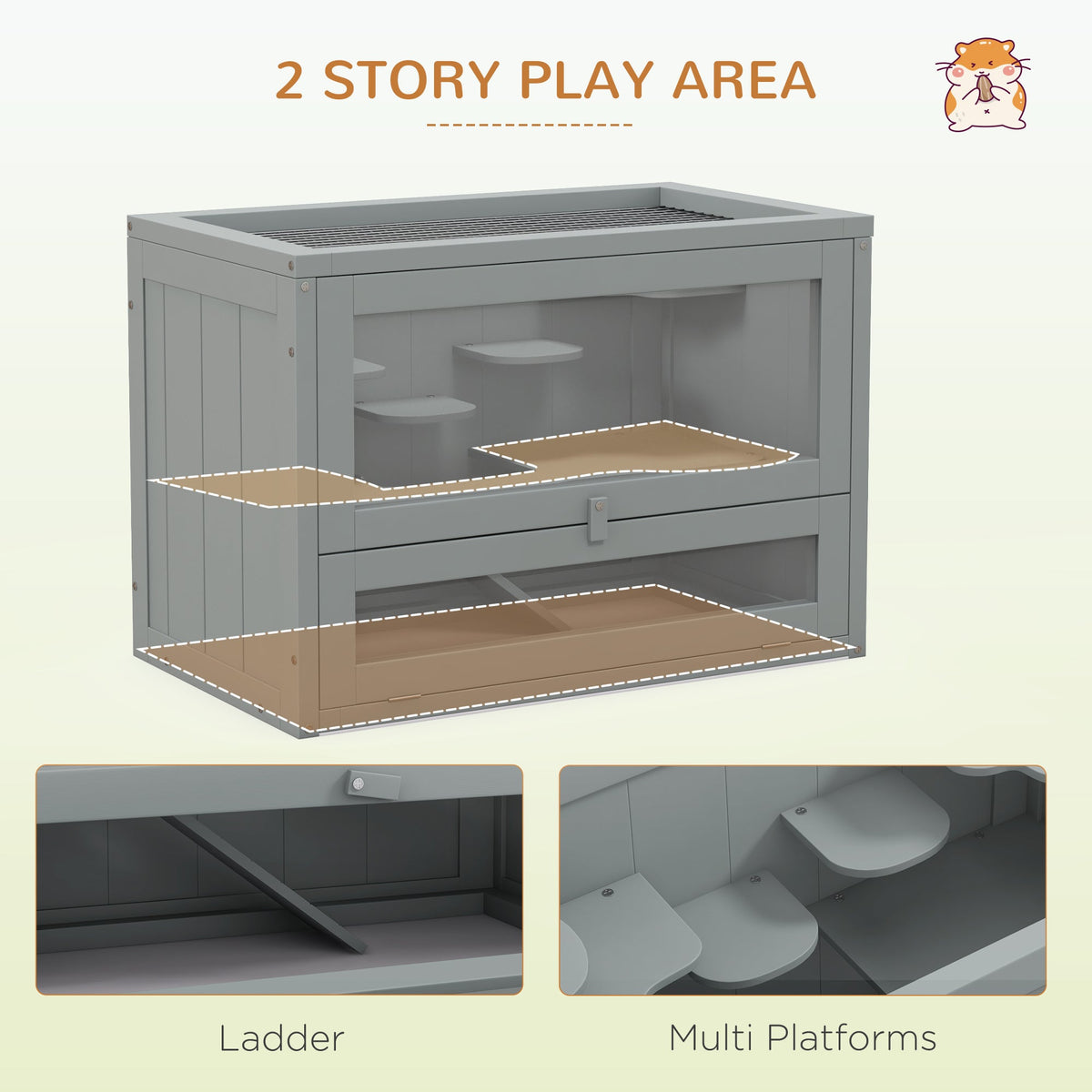 2-Level Hamster Cage with Openable Top, Door, Shelf, Ladder, Gray