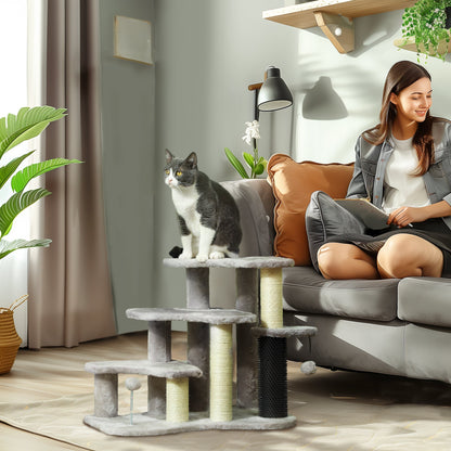 2 in 1 Cat Tree Tower 3-Step Pet Stairs with Scratching Posts, Tickling Post, Toy Balls, for High Beds, Couch