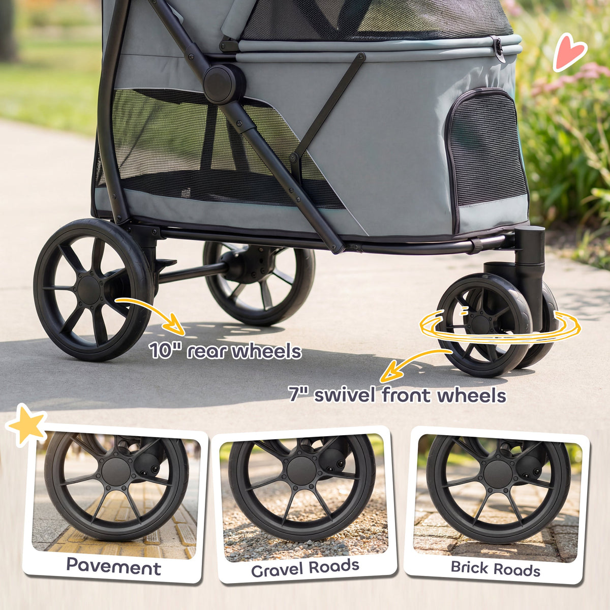 3 Wheel Pet Stroller with Easy One-Click Quick Fold, Mesh Window, Washable Cushion, for Medium Dogs, Gray