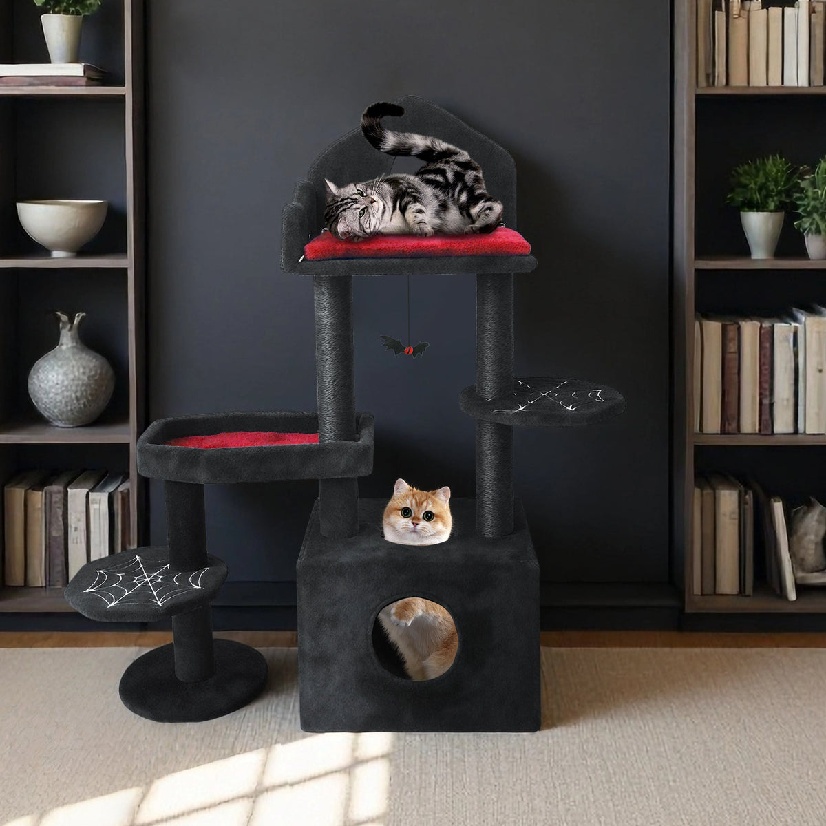 Black Gothic Cat Tree, Multi-Level Spooky Cat Tree with Scratching Posts, Perches, Hammock, and Cat Cave - Black Cat Tower for Indoor Cats with Interactive Toy, Perfect for Multiple Cats 44.5in