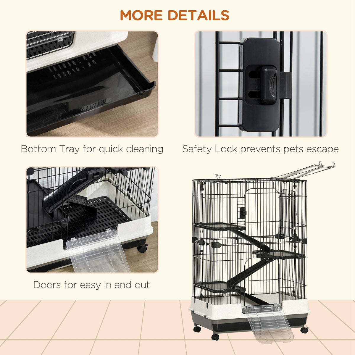 32"L 4-Level Small Animal Cage Rabbit Hutch with Universal Lockable Wheels, Slide-out Tray for Bunny, Chinchillas, Ferret, Black