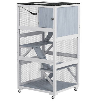 Catio, Outdoor Cat Enclosure House on Wheels with Hammock, Gray
