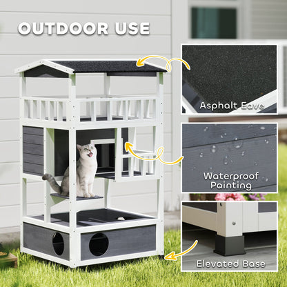 Wooden Outdoor Cat House, Feral Cat Shelter Kitten Condo with Asphalt Roof, Escape Doors, Condo, Jumping Platform, Gray