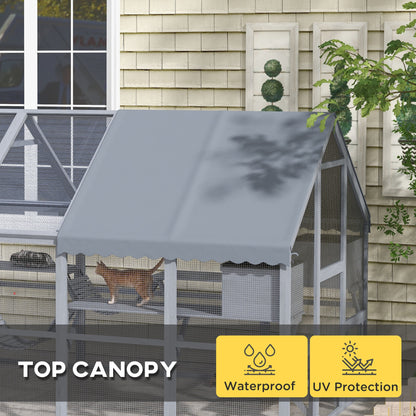 Wooden Catio Outdoor Cat Enclosure with Waterproof Cover, 2 Condos, 6 Platforms, Bridge, Doors, Gray